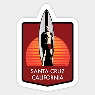 Santa Cruz California Surfer Statue Bill Lidderdale Sticker Sunset Red Sticker